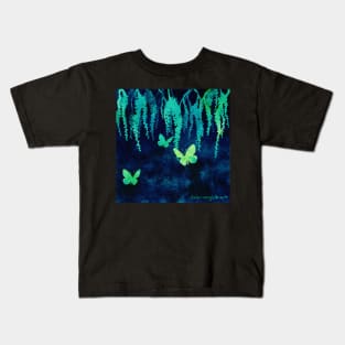 Wisteria and Butterflies Negative Painting Blue and Green Kids T-Shirt